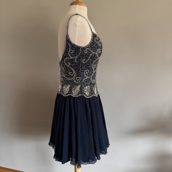 Vintage Oleg Cassini Navy 100% Silk Silver Pearl Beaded Party Dress | Sz 8 - Picture 3 of 14